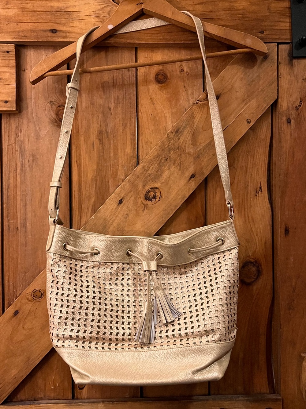 J.McLaughlin Woven Leather Bucket Bag Metallic Champagne Tassel